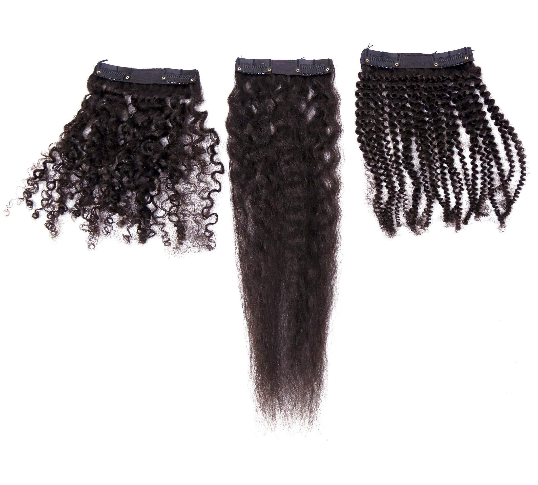 curly hair extensions samples in kinky curly, kinky coarse, and brazillian curly textures