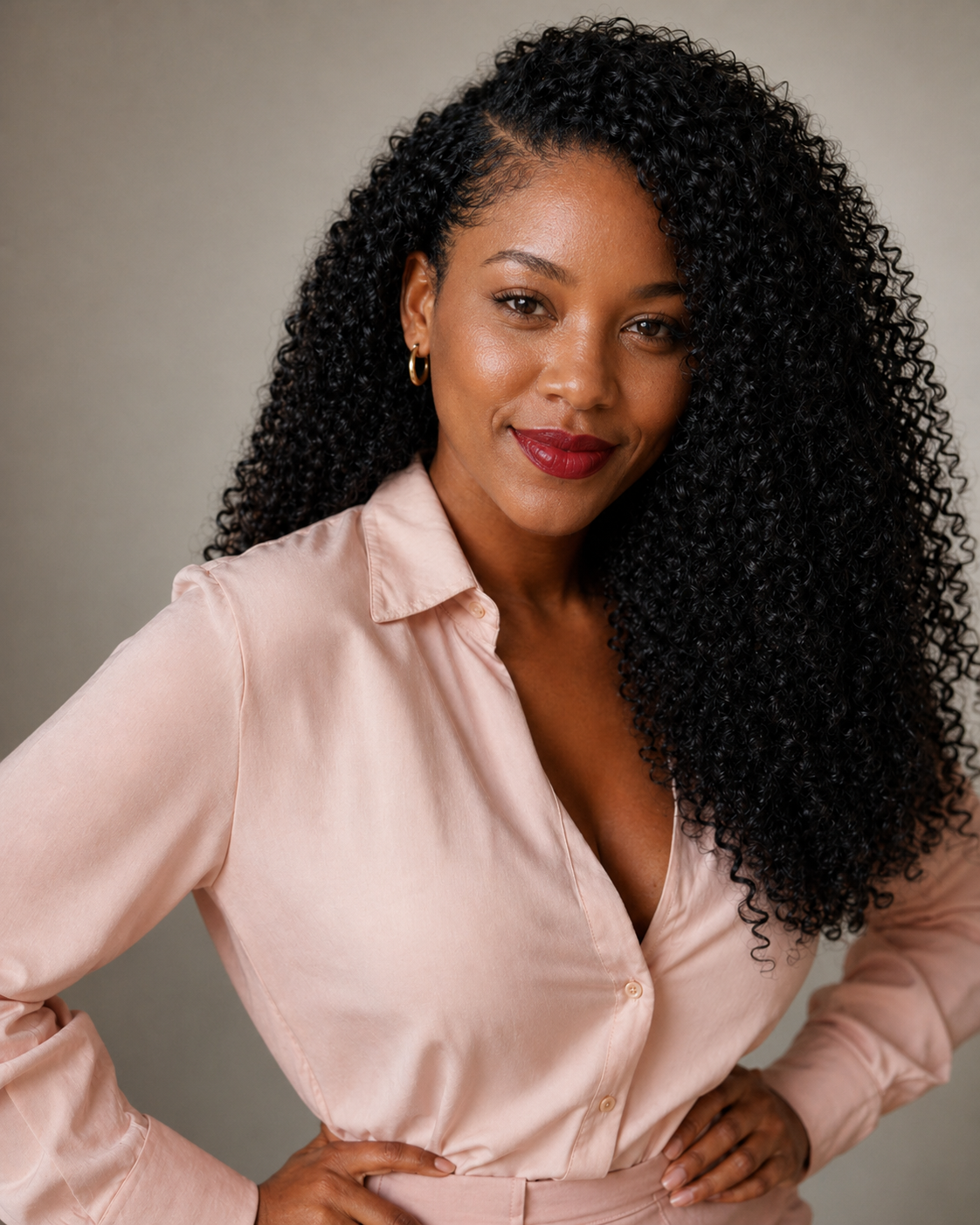 a black woman wearing a curly 3c lace wig
