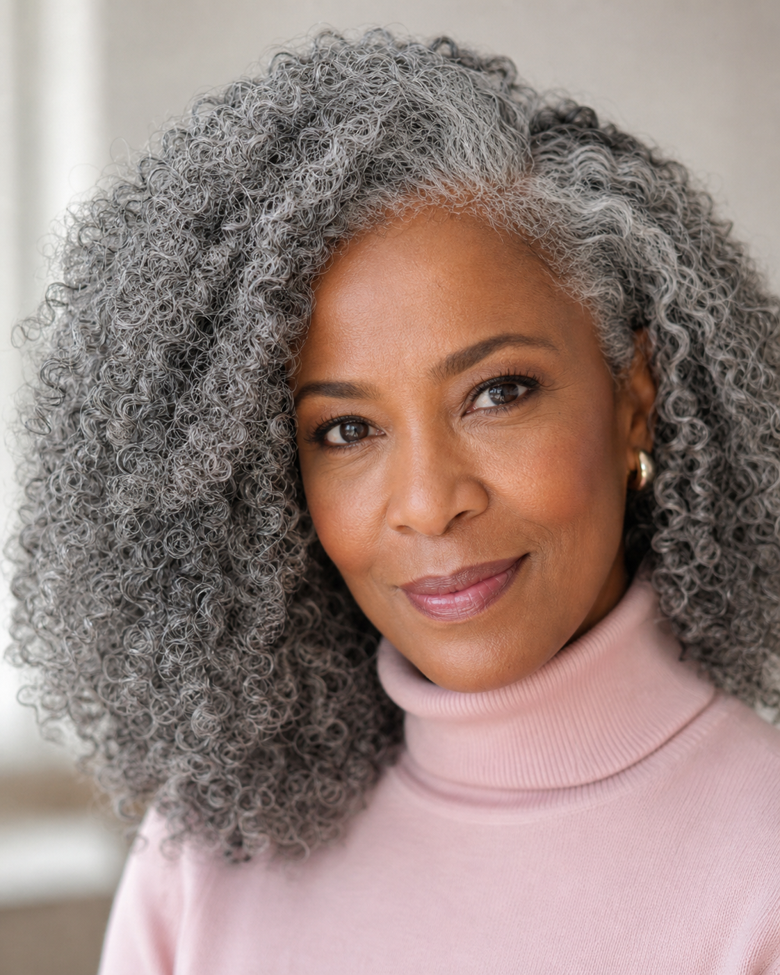 a woman wearing Grey kinky curly wefts