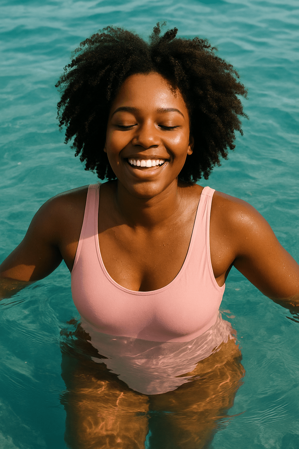 a woman swimming with curly hair extensions