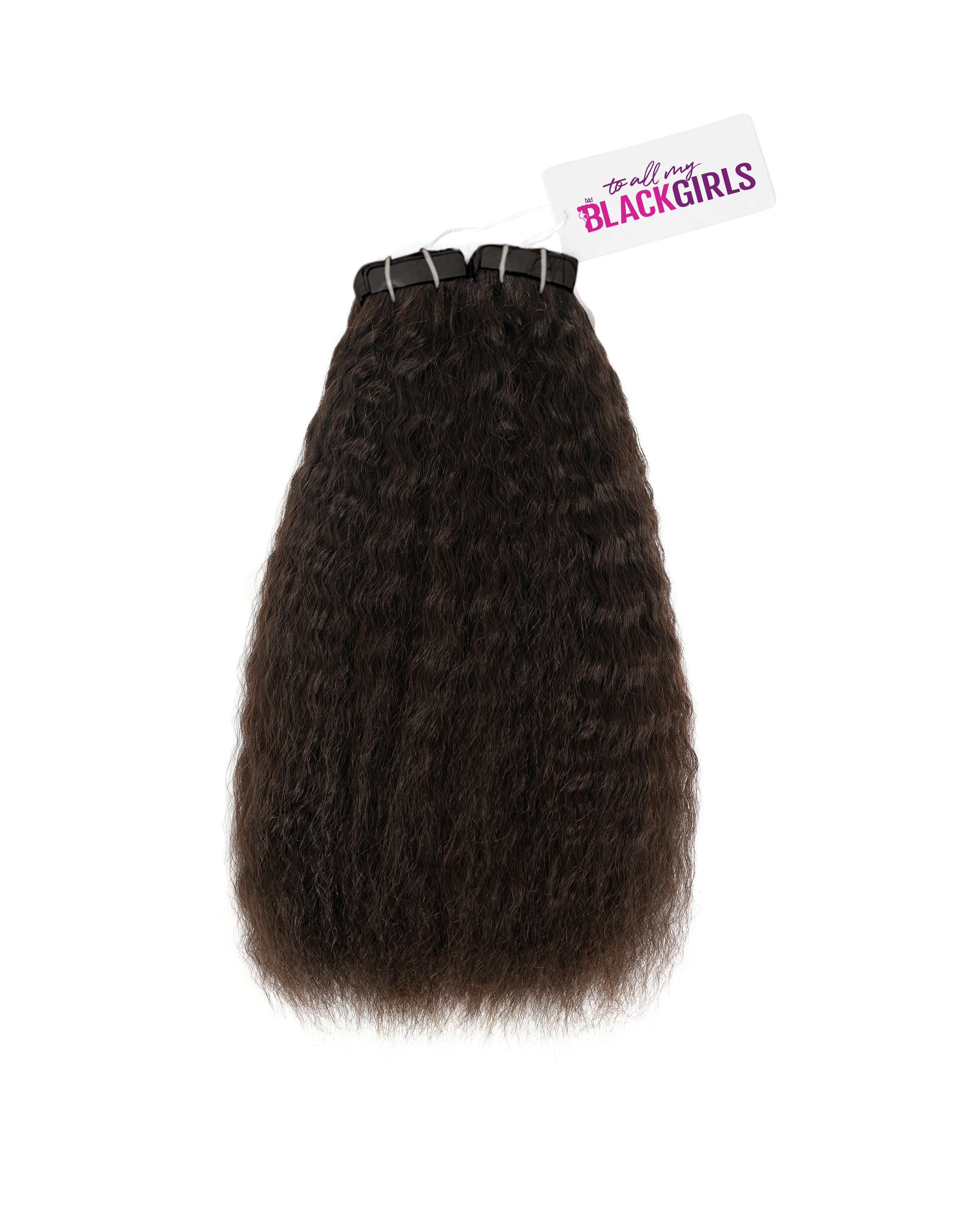 Brazilian curly extensions with To All My Black Girls logo