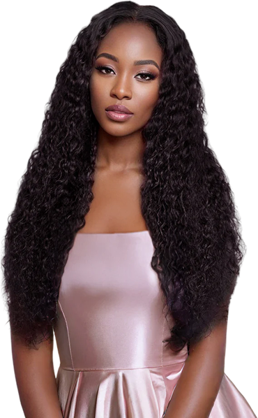 Woman with long, wavy black hair wearing a pink top on a white background