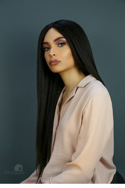 Kinky straight lace front wig with 13x4 frontal on a woman in the UK