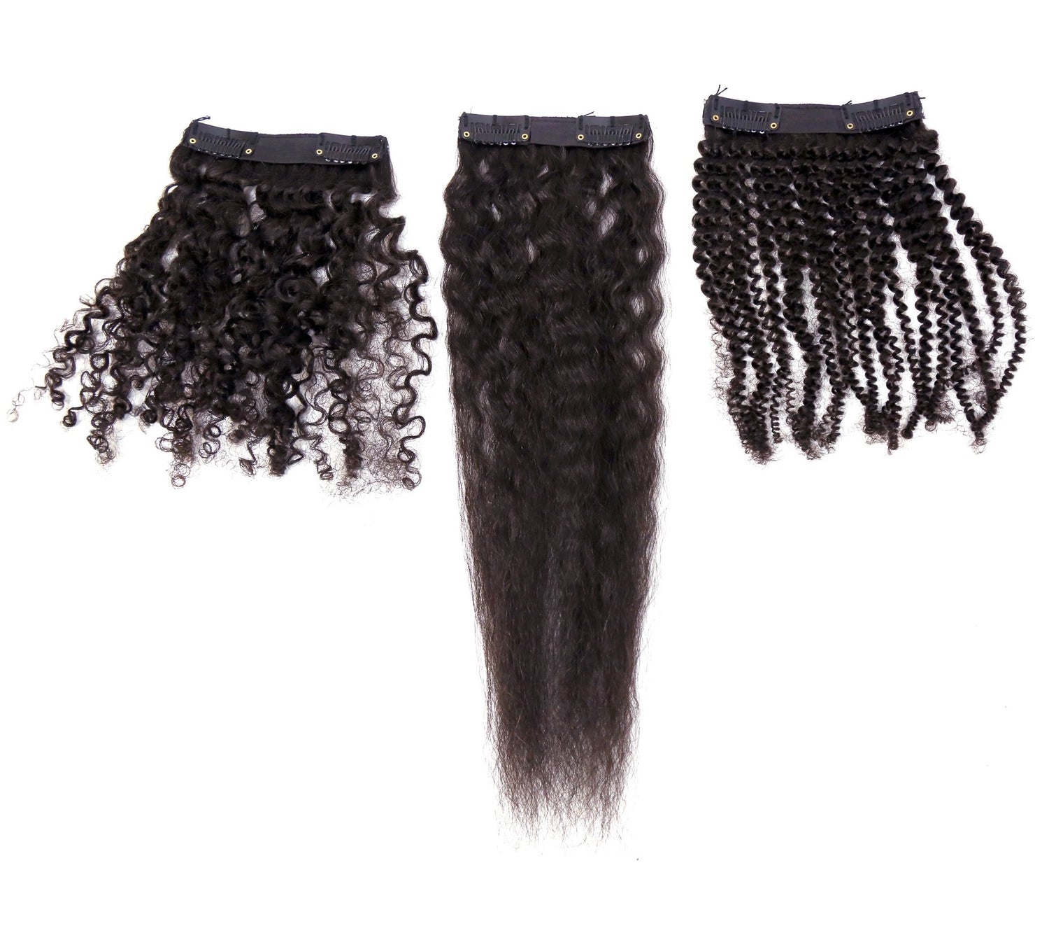 curly hair extensions samples in kinky curly, kinky coarse, and brazillian curly textures
