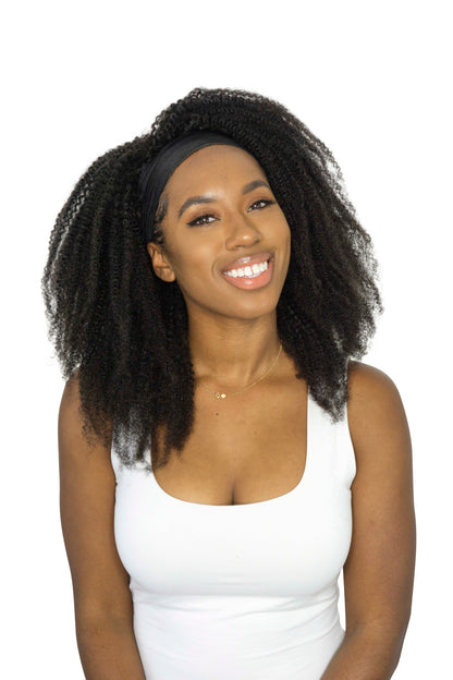 afro 4c human hair headband wig on a black woman
