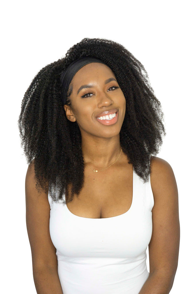 afro 4c human hair headband wig on a black woman