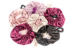 Six adjustable satin bonnet in pink, purple, black, red, beige, and burgundy