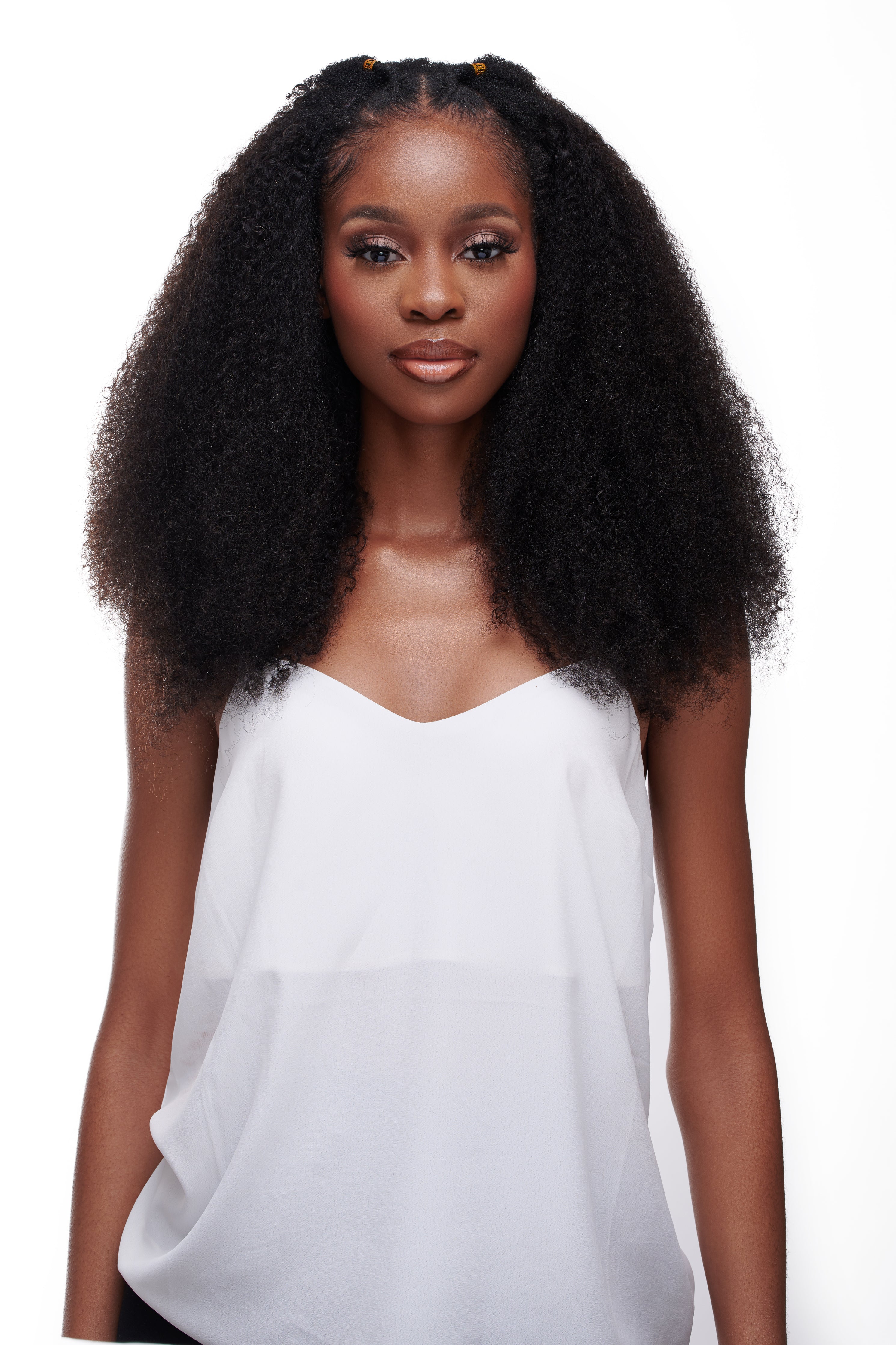 kinky curly natural hair U-part wig on a black girl.