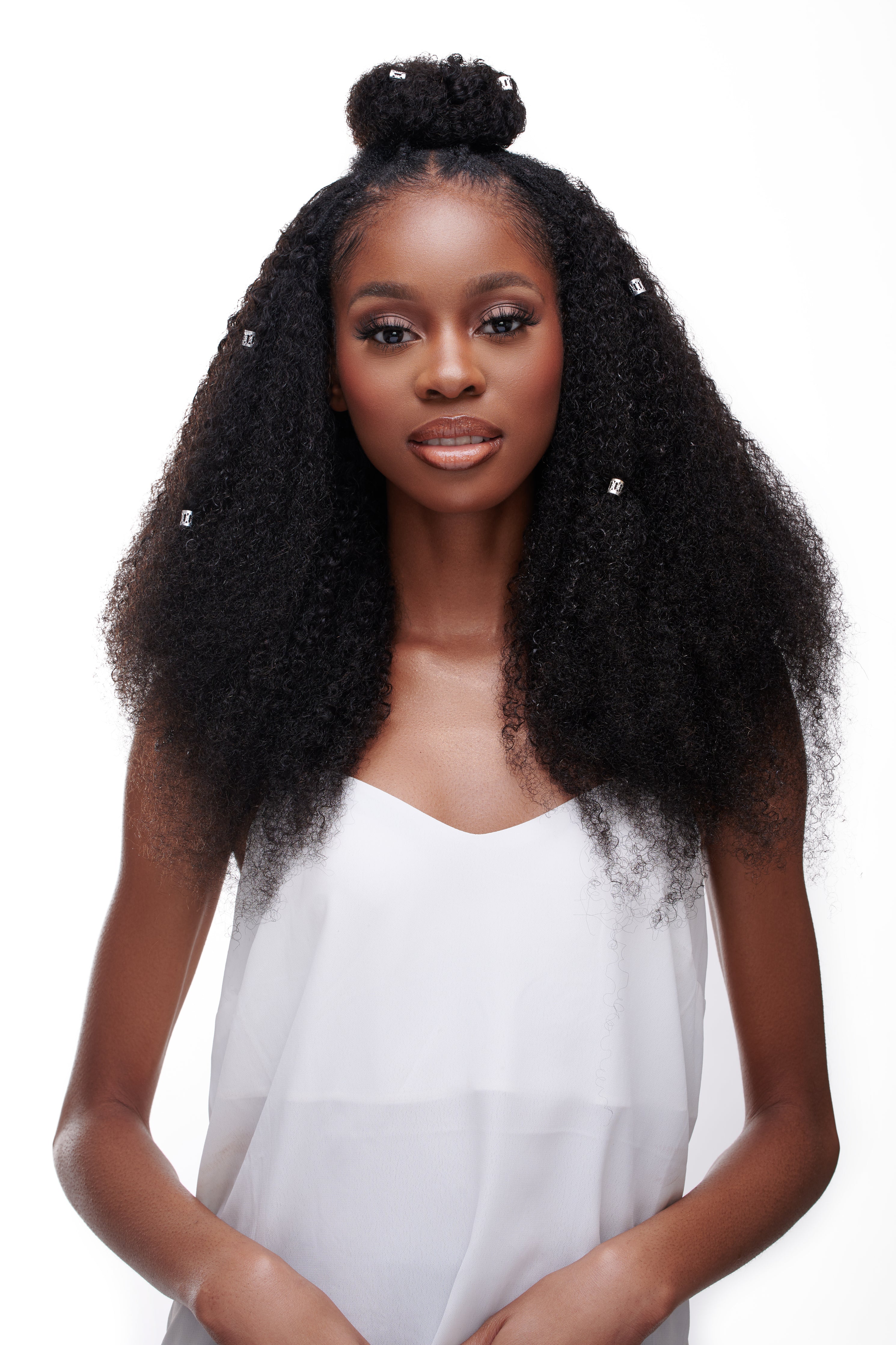 kinky curls human hair U-part wig on a black girl