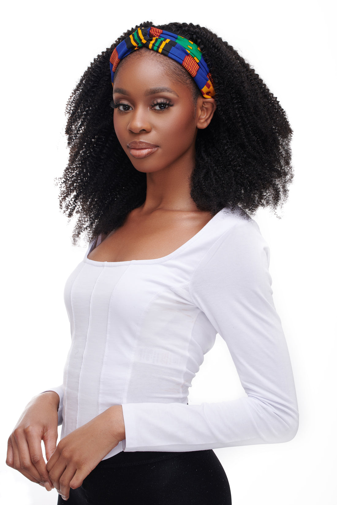 kinky coarse 4c afro headband wig on a black woman