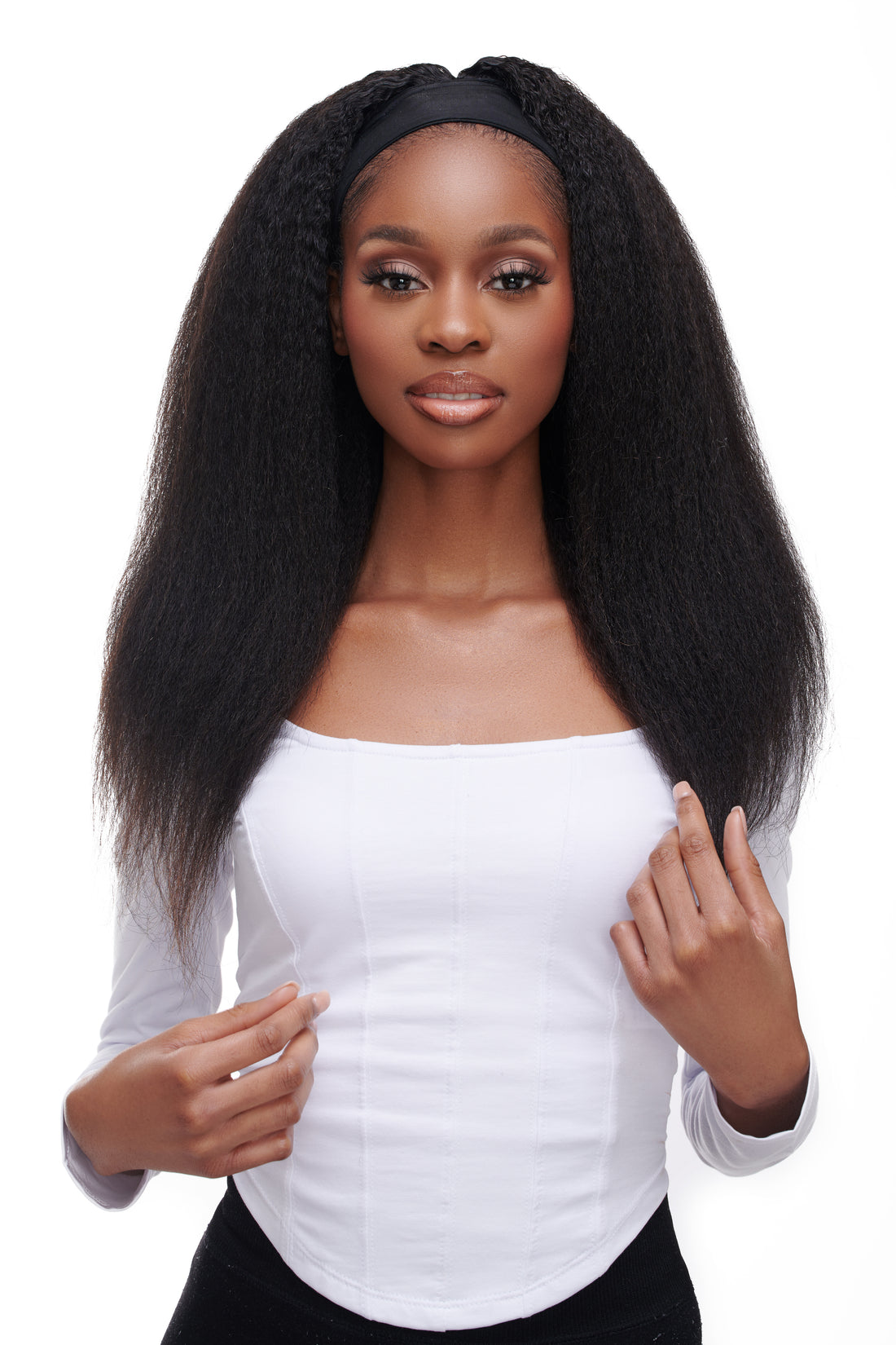 Yaki straight headband wig on a black woman
